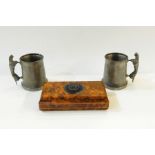 Walnut cigarette box with the Jaguar Marque on the lid, pair of pewter mugs with Jaguar handles