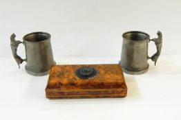 Walnut cigarette box with the Jaguar Marque on the lid, pair of pewter mugs with Jaguar handles