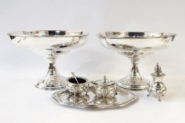 Pair of EPNS tazzas marked 'Gladwin', a silver plated cruet set including mustard pot with liner,