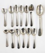 Two silver salt spoons, sundry silver flatware and eight Georgian teaspoons