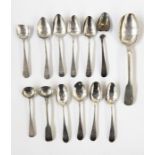 Two silver salt spoons, sundry silver flatware and eight Georgian teaspoons