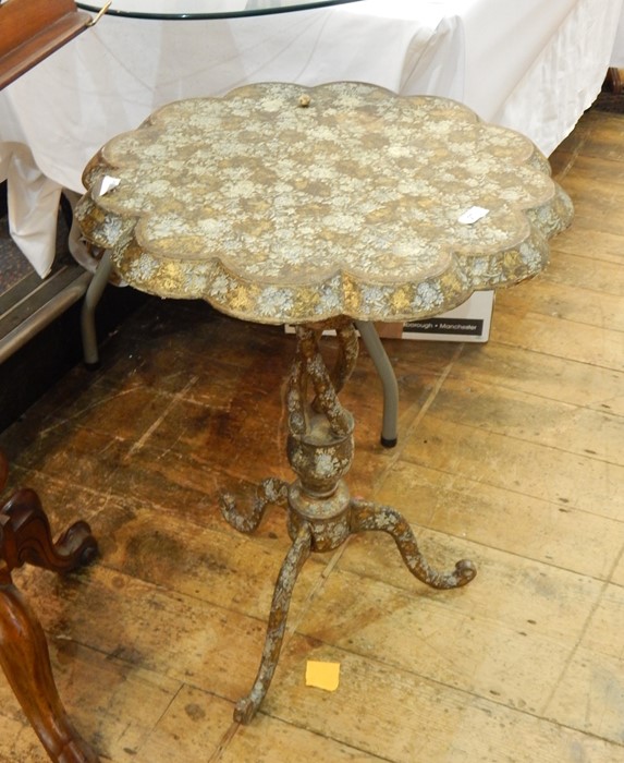 Victorian Kashmiri painted papier mache tripod table, the circular top with scalloped chamfered