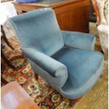 Late Victorian/Edwardian armchair upholstered in blue dralon, on turned supports and castors Re: