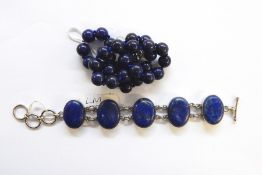 Lapis lazuli and silver-mounted bracelet marked 925 and similar beaded necklace (2)