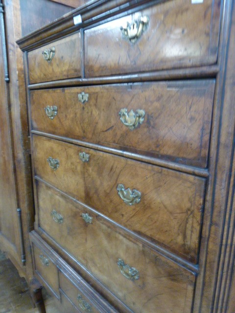 Queen Anne walnut chest on stand having ogee cornice, the upper section with two short and three - Image 2 of 8