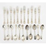 Set of six silver dessert spoons, Kings pattern, with engraved initial 'P', five matching forks,