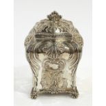 Victorian silver tea caddy by Thomas Bradbury, London 1894, of bombe form, repousse with shells,