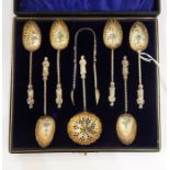 Set of six Victorian silver shell bowl apostle top teaspoons having parcel gilt bowls and spirally