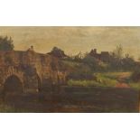 J M Barber Oil on canvas River scene with figures on bridge, signed and dated lower right 1898, 35cm