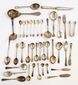 Assortment of silver and EPNS including coffee spoons, butter knives, sugar sifters, sugar tongs,