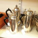 EPNS coffee, hot water and hot chocolate jugs with wood handles (3)