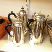 EPNS coffee, hot water and hot chocolate jugs with wood handles (3)