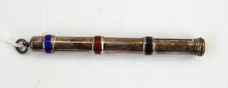 Late 19th/early 20th century three-draw propelling pencil, the body with three enamel bands, one