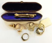 Gold-coloured seal fob, stickpin, two propelling items and other items