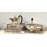 Various silver plated items including a tray with fretwork gallery, a fruit/sweet basket with