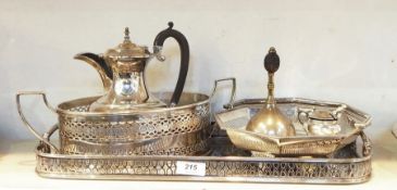 Various silver plated items including a tray with fretwork gallery, a fruit/sweet basket with