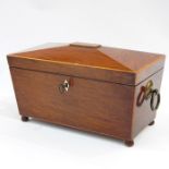 Inlaid Georgian mahogany tea caddy, sarcophagus-shaped with line inlay to the borders, brass ring