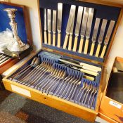 Silver plated canteen comprising six place settings, including bone-handled knives, two large