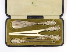Edwardian lady's silver mounted dressing table set to include shoe horn, glove stretcher and two
