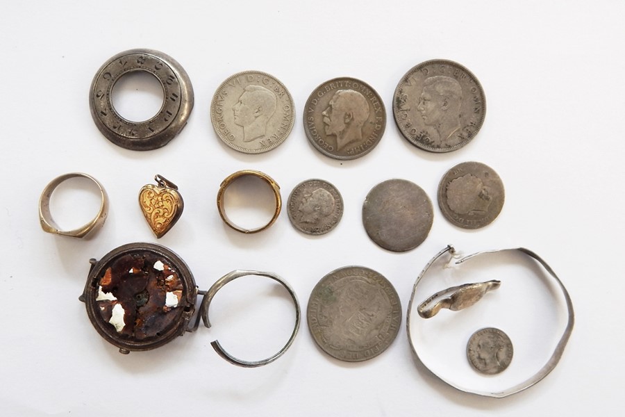 Silver-coloured metal watch, silver child's bangle (bent), quantity coins and other items