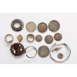 Silver-coloured metal watch, silver child's bangle (bent), quantity coins and other items