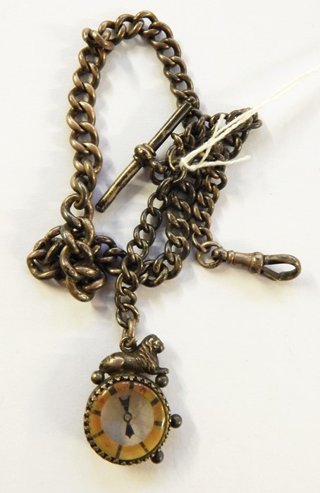 Silver albert chain, graduated curb link with T-bar and lion mounted wheel compass fob