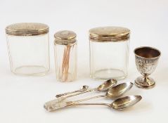 Pair of Victorian silver-topped dressing table jars, London 1895, another similar, a silver pedestal