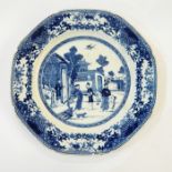 18th century Chinese porcelain plate, octagonal and painted in underglaze blue with figures and