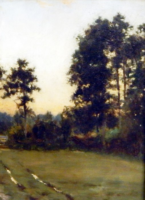 Unattributed Oil on board  Rural scene with field, fir trees and a gate far left, labelled verso '