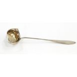 Possibly Austrian or German silver-coloured metal toddy ladle with parcel-gilt bowl and lancellate