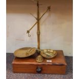 Pair brass and mahogany balance scales, the mahogany base with single drawer with turned knob handle