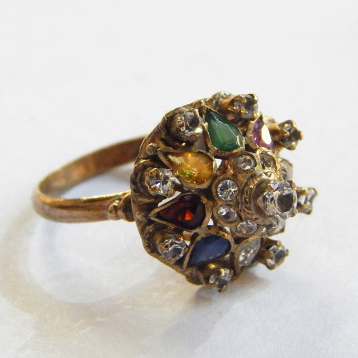 Gold-coloured Indian princess-style ring, multi-coloured gem set