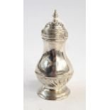 George II silver pepperette with baluster turned finial over the pierced dome cover, baluster shaped