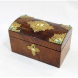 Victorian brass-bound figured walnut dome-top tea caddy, the ornate brass mounts inset with