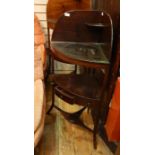 19th century mahogany corner wash stand, the raised back with single corner shelf, three open