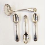 Three fiddle, thread and shell teaspoons, London 1845 and a fiddle and shell sugar sifter spoon,