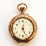Lady's gold-coloured metal and enamel open-faced fob watch with circular dial, floral and