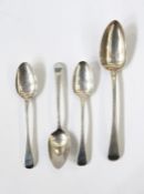 Three Georgian Old English feather-edged dessert spoons and a similar tablespoon, various dates, 5.