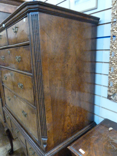 Queen Anne walnut chest on stand having ogee cornice, the upper section with two short and three - Image 3 of 8