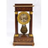 French style inlaid rosewood four-pillar clock, having floral and bird decorated friezes, the line