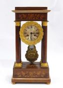 French style inlaid rosewood four-pillar clock, having floral and bird decorated friezes, the line