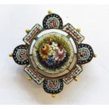19th century yellow metal pietra dura micro mosaic brooch, the central field with laurel spray, with