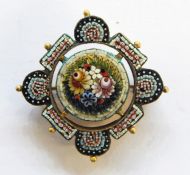 19th century yellow metal pietra dura micro mosaic brooch, the central field with laurel spray, with
