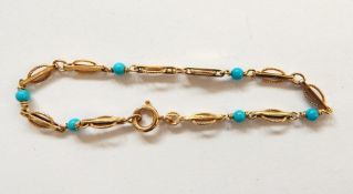 9ct gold and turquoise bracelet, oval and bar pattern interspersed with turquoise beads