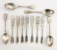 Quantity of Victorian table flatware, fiddle pattern bearing crest of burning tower, viz:- six