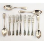 Quantity of Victorian table flatware, fiddle pattern bearing crest of burning tower, viz:- six