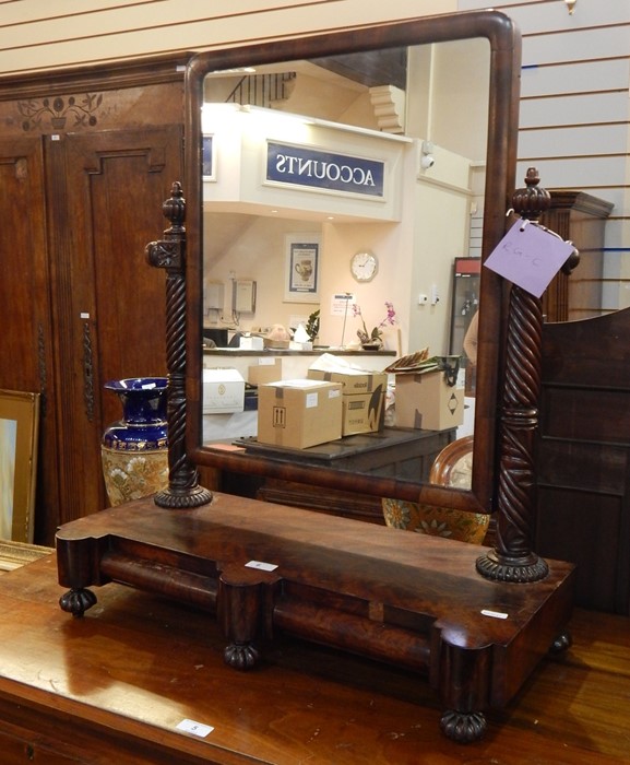 Early Victorian mahogany toilet mirror, the rectangular plate on spirally reeded and foliate