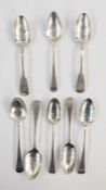 Eight assorted, mainly Old English pattern, dessert spoons, various makers to include George II