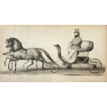 Black and white engraving Phaeton with two carriage horses driven by gentleman, within satinwood