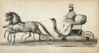 Black and white engraving Phaeton with two carriage horses driven by gentleman, within satinwood